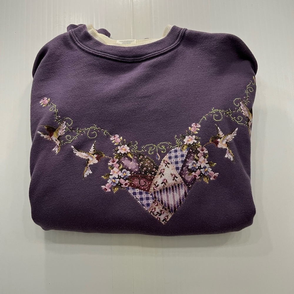 Vintage Jerzees Purple Crew Neck Sweatshirt with Floral and Bird Motif